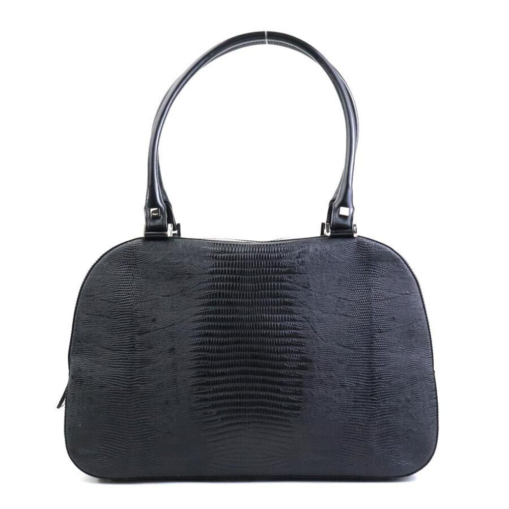 Salvatore Ferragamo Shoulder Bag Embossed Leather Black Silver